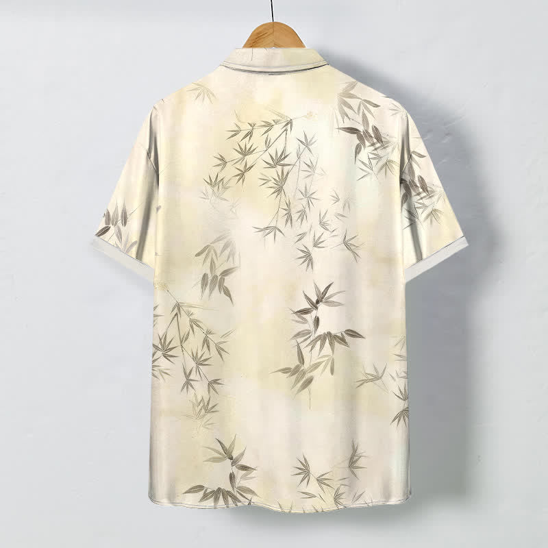 Buddha Stones Camisa de manga corta para hombre con botones y estampado de hojas de bambú, resistente a las arrugas. - image 1