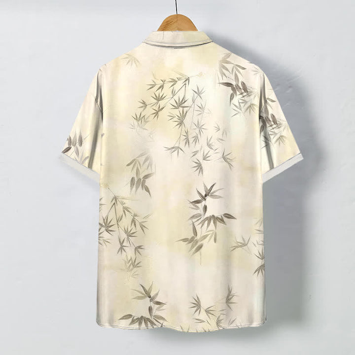 Buddha Stones Camisa de manga corta para hombre con botones y estampado de hojas de bambú, resistente a las arrugas. - image 1