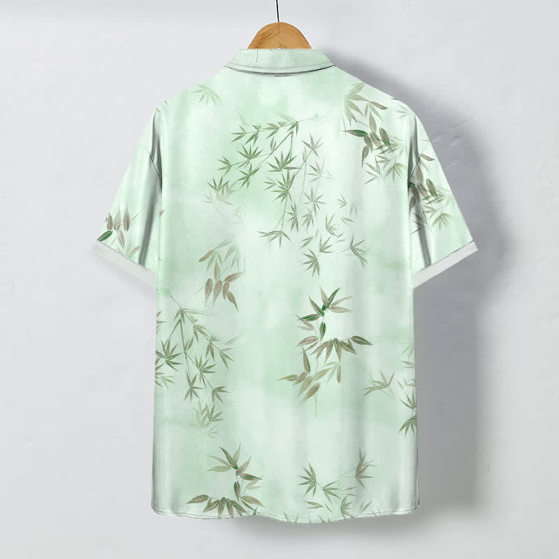 Buddha Stones Camisa de manga corta para hombre con botones y estampado de hojas de bambú, resistente a las arrugas. - image 4