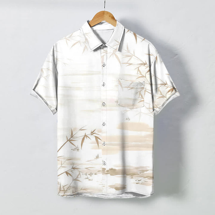 Buddha Stones Camisa de manga corta para hombre con botones y estampado de paisaje de hojas de bambú y tinta, resistente a las arrugas. - Trigo - US/UK/AU48, UE58 (4XL) - image 0