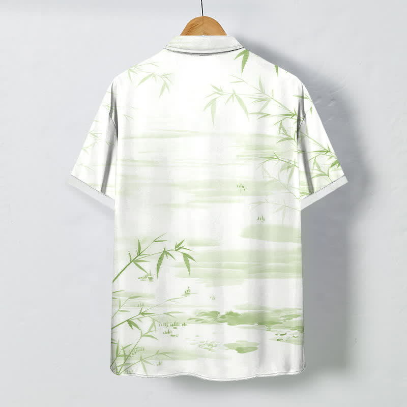 Buddha Stones Camisa de manga corta para hombre con botones y estampado de paisaje de hojas de bambú y tinta, resistente a las arrugas. - image 4