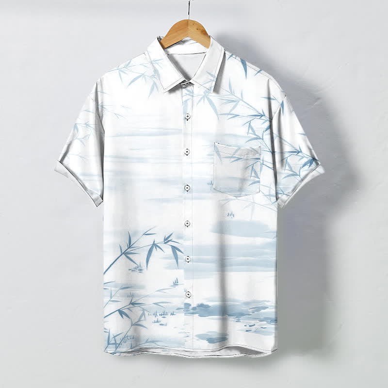 Buddha Stones Camisa de manga corta para hombre con botones y estampado de paisaje de hojas de bambú y tinta, resistente a las arrugas. - Cian claro - US/UK/AU48, UE58 (4XL) - image 5