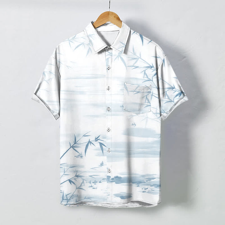 Buddha Stones Camisa de manga corta para hombre con botones y estampado de paisaje de hojas de bambú y tinta, resistente a las arrugas. - Cian claro - US/UK/AU48, UE58 (4XL) - image 5