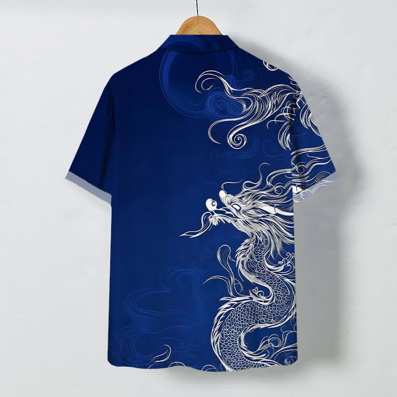 Buddha Stones Camisa de manga corta para hombre con botones y estampado de nube de dragón oriental, resistente a las arrugas. - image 1