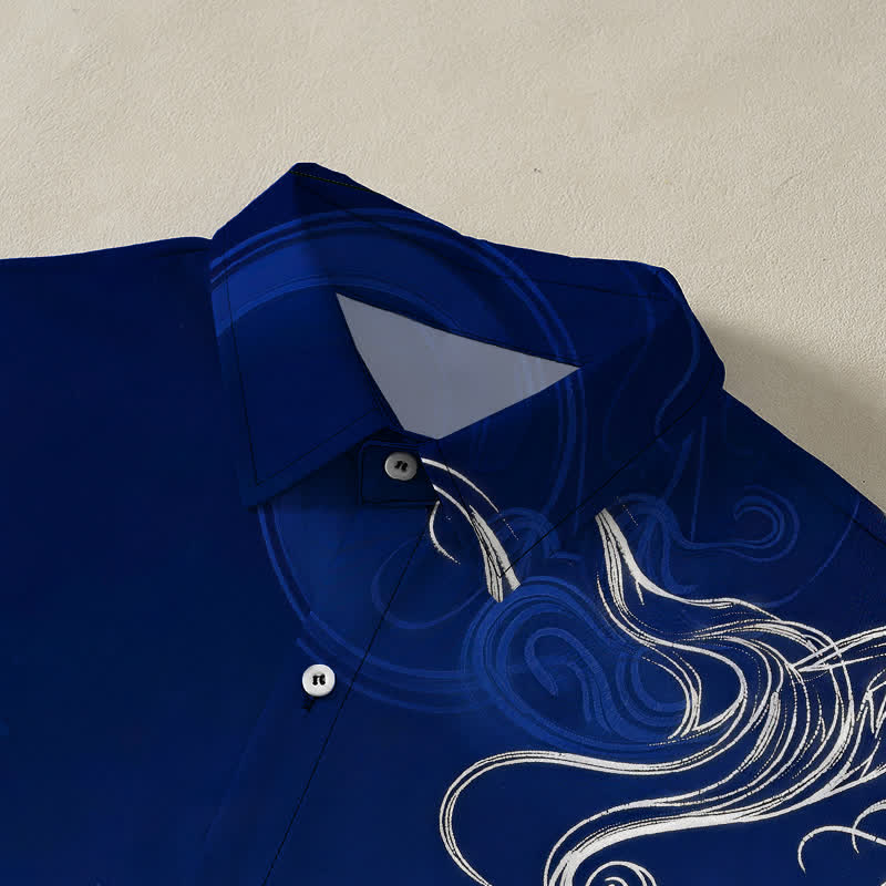 Buddha Stones Camisa de manga corta para hombre con botones y estampado de nube de dragón oriental, resistente a las arrugas. - image 2