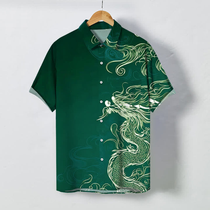 Buddha Stones Camisa de manga corta para hombre con botones y estampado de nube de dragón oriental, resistente a las arrugas. - Verde oscuro - US/UK/AU48, UE58 (4XL) - image 5