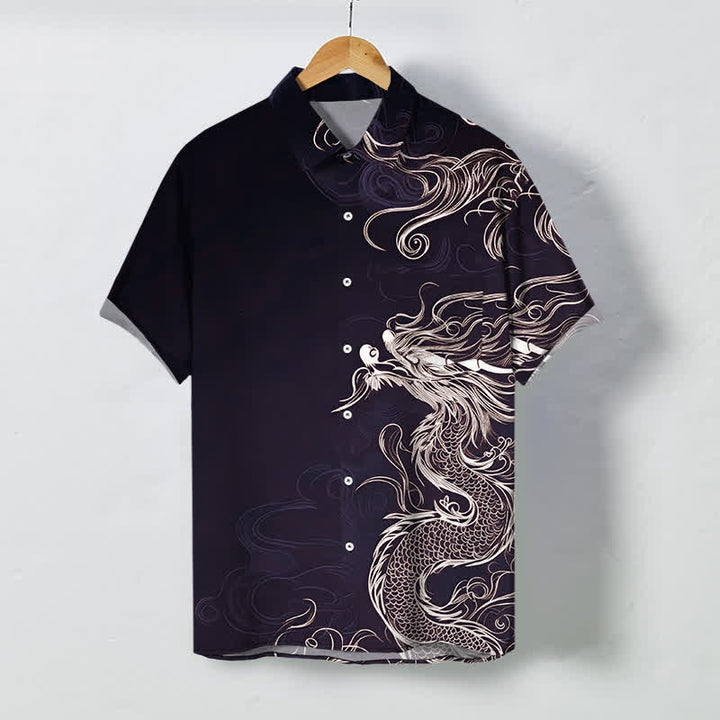 Buddha Stones Camisa de manga corta para hombre con botones y estampado de nube de dragón oriental, resistente a las arrugas. - Negro - US/UK/AU48, UE58 (4XL) - image 7