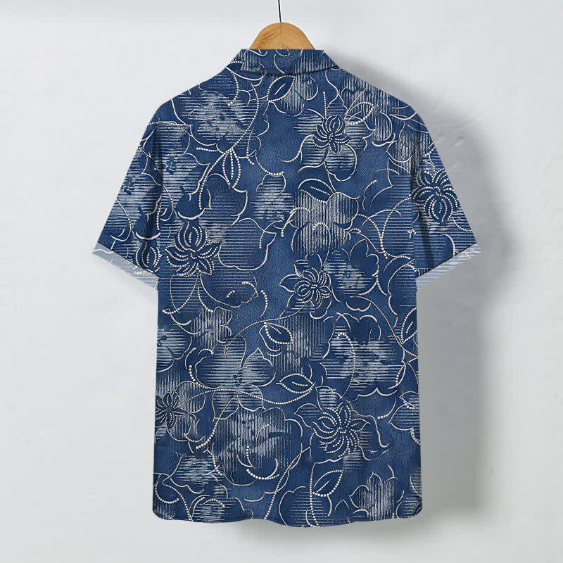 Buddha Stones Camisa de manga corta para hombre, resistente a las arrugas, con botones y estampado floral índigo. - image 1