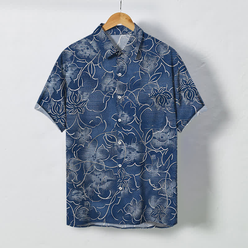 Buddha Stones Camisa de manga corta para hombre, resistente a las arrugas, con botones y estampado floral índigo. - Marina de guerra - US/UK/AU48, UE58 (4XL) - image 0