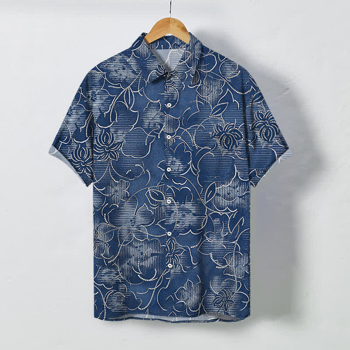 Buddha Stones Camisa de manga corta para hombre, resistente a las arrugas, con botones y estampado floral índigo. - Marina de guerra - US/UK/AU48, UE58 (4XL) - image 0