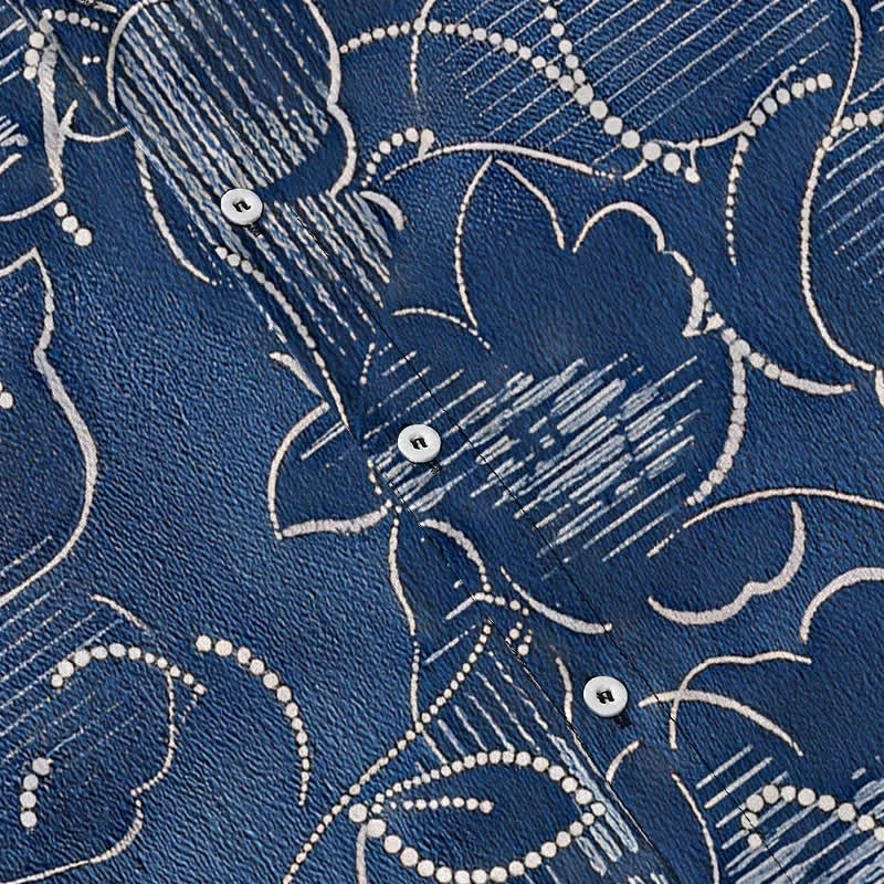 Buddha Stones Camisa de manga corta para hombre, resistente a las arrugas, con botones y estampado floral índigo. - image 3