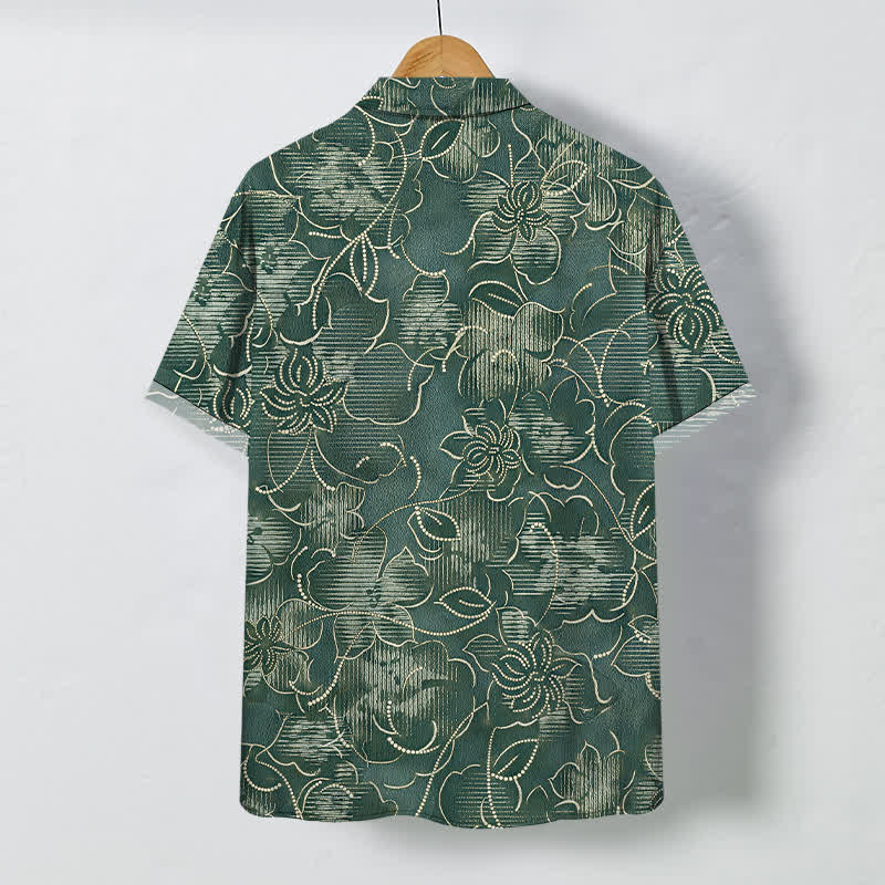 Buddha Stones Camisa de manga corta para hombre, resistente a las arrugas, con botones y estampado floral índigo. - image 8