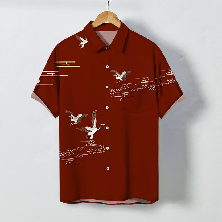 Buddha Stones Camisa de manga corta para hombre con botones y estampado de nubes y grullas, resistente a las arrugas. - Granate - US/UK/AU48, UE58 (4XL) - image 0