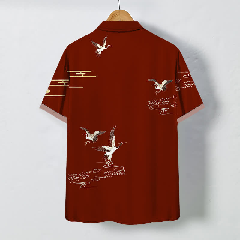 Buddha Stones Camisa de manga corta para hombre con botones y estampado de nubes y grullas, resistente a las arrugas. - image 1
