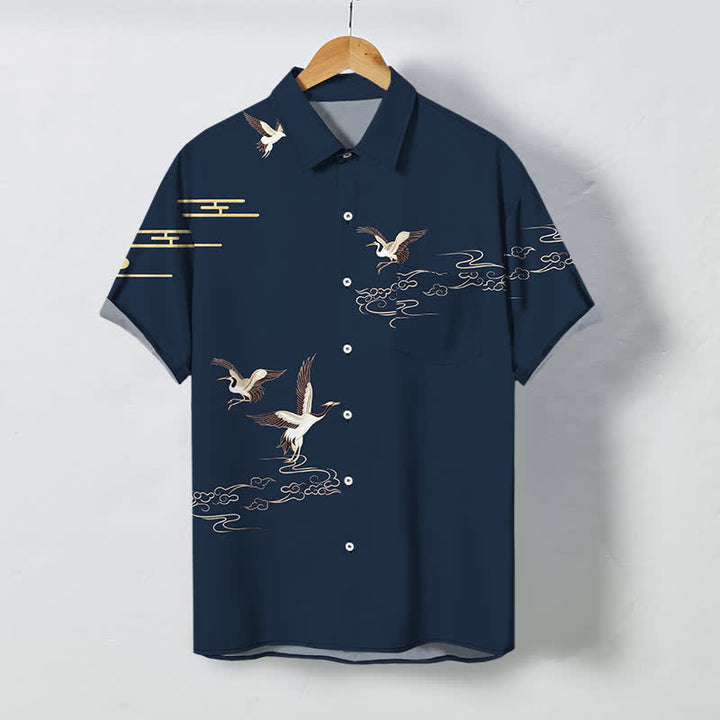 Buddha Stones Camisa de manga corta para hombre con botones y estampado de nubes y grullas, resistente a las arrugas. - Marina de guerra - US/UK/AU48, UE58 (4XL) - image 5