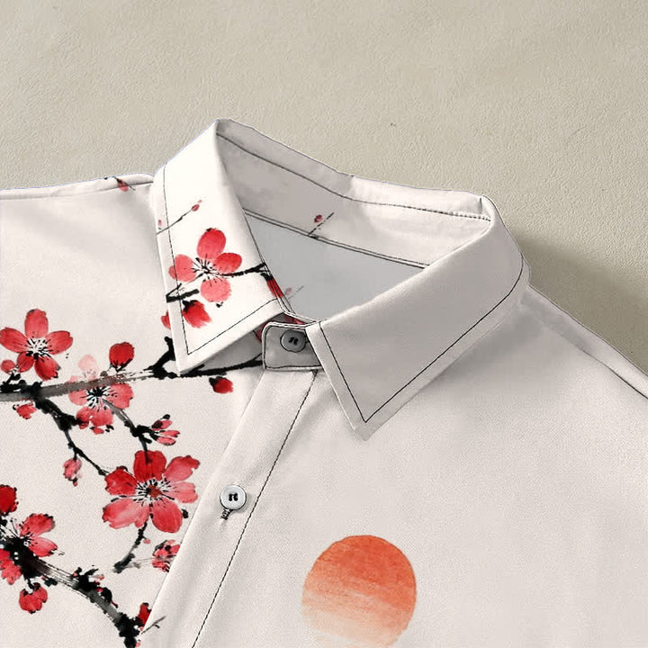 Buddha Stones Camisa transpirable de manga corta para hombre con estampado de paisaje de tinta, flores de bambú y puesta de sol. - image 2