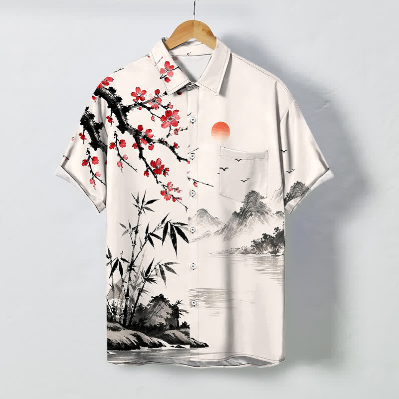 Buddha Stones Camisa transpirable de manga corta para hombre con estampado de paisaje de tinta, flores de bambú y puesta de sol. - Marfil - US/UK/AU48, UE58 (4XL) - image 0