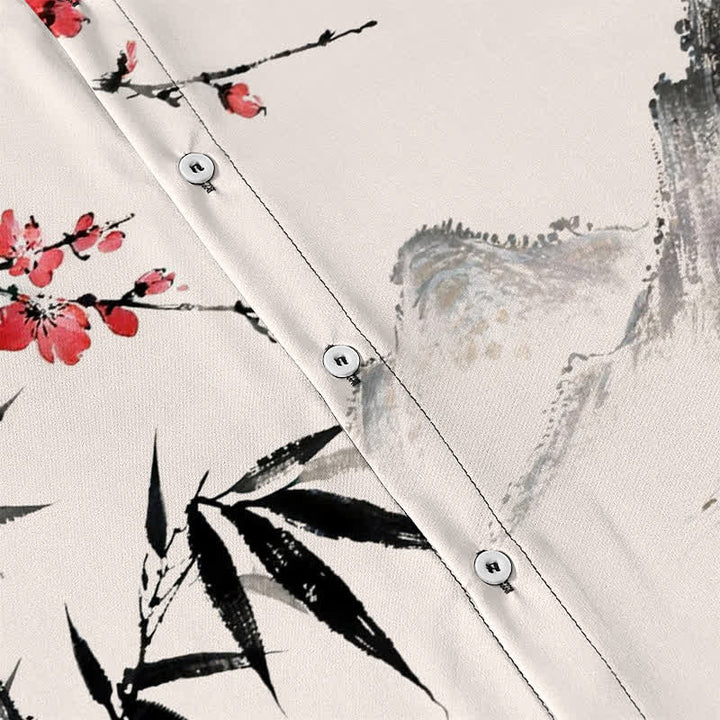Buddha Stones Camisa transpirable de manga corta para hombre con estampado de paisaje de tinta, flores de bambú y puesta de sol. - image 3