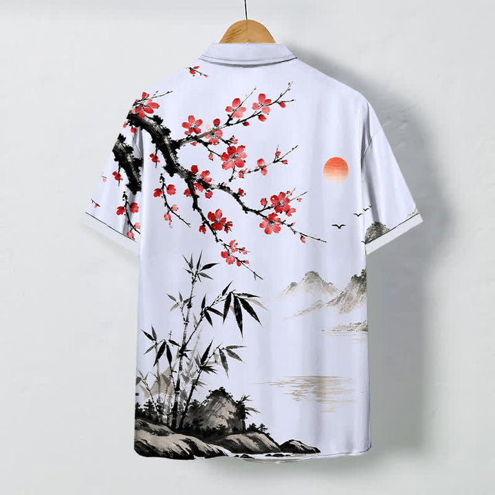Buddha Stones Camisa transpirable de manga corta para hombre con estampado de paisaje de tinta, flores de bambú y puesta de sol. - image 6