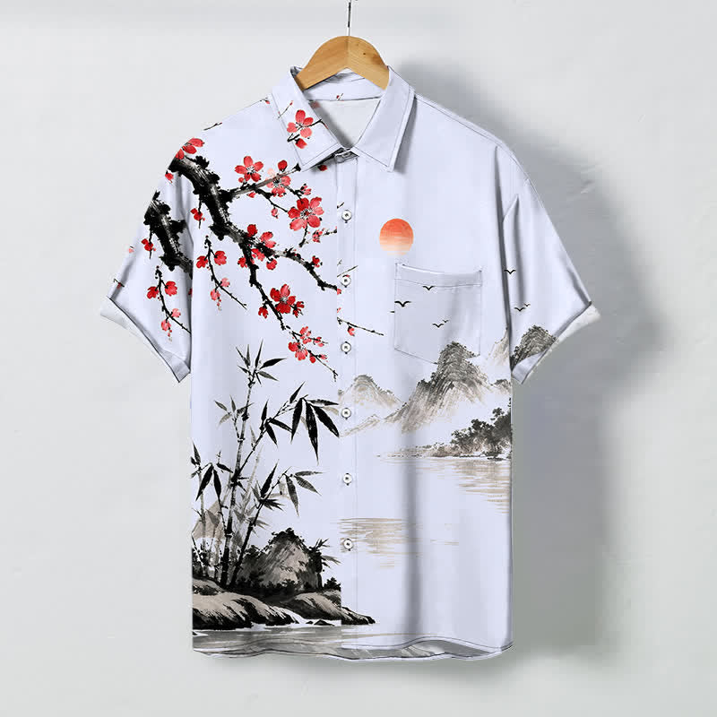 Buddha Stones Camisa transpirable de manga corta para hombre con estampado de paisaje de tinta, flores de bambú y puesta de sol. - Azul cielo claro - US/UK/AU48, UE58 (4XL) - image 5