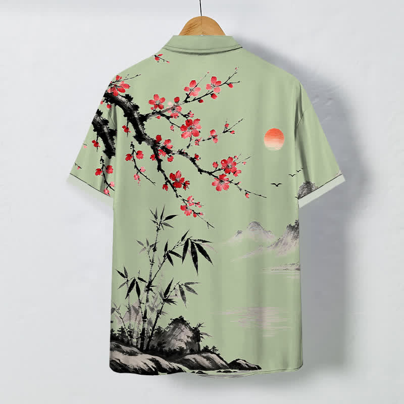 Buddha Stones Camisa transpirable de manga corta para hombre con estampado de paisaje de tinta, flores de bambú y puesta de sol. - image 8