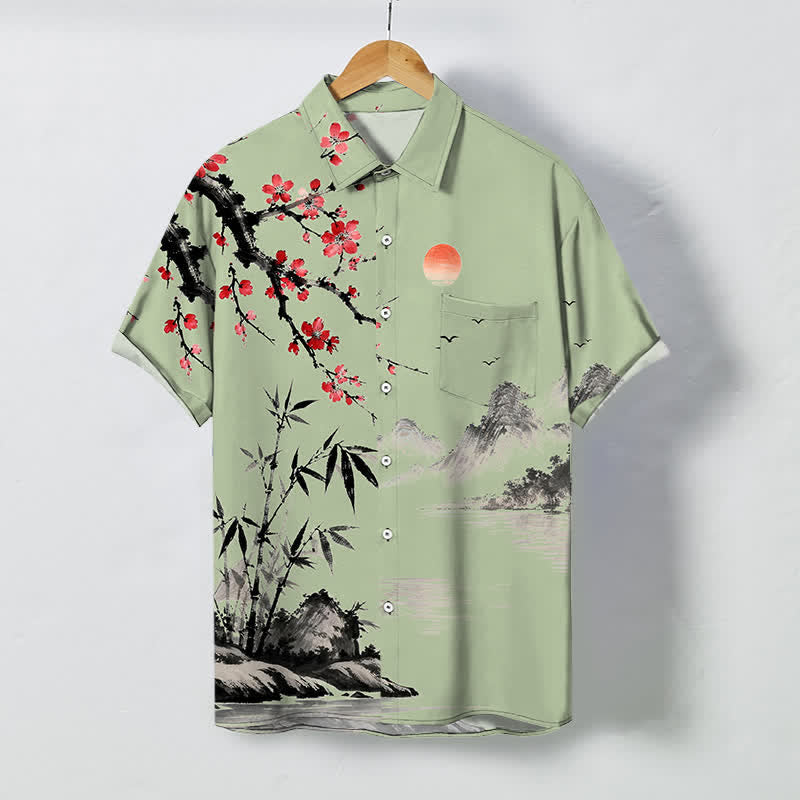 Buddha Stones Camisa transpirable de manga corta para hombre con estampado de paisaje de tinta, flores de bambú y puesta de sol. - Verde mar medio - US/UK/AU48, UE58 (4XL) - image 7