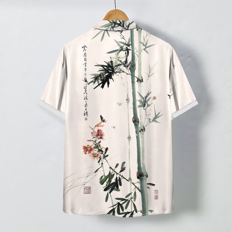 Buddha Stones Camisa transpirable de manga corta para hombre con botones y estampado de caligrafía de pájaros y flores de bambú en tinta - image 1