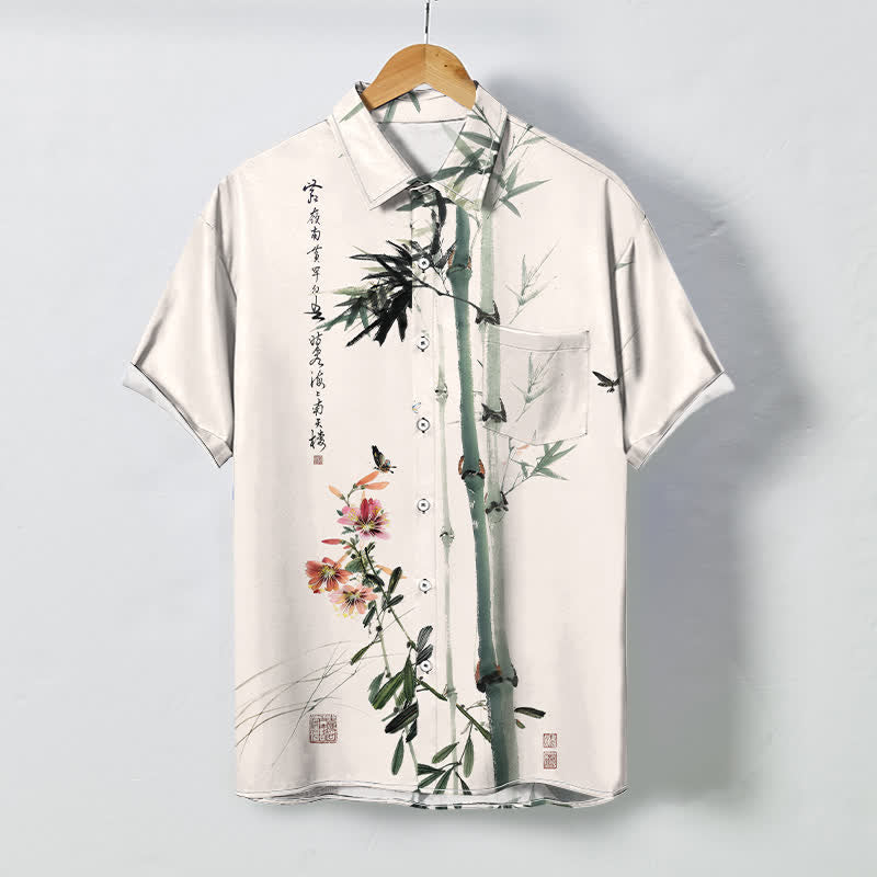 Buddha Stones Camisa transpirable de manga corta para hombre con botones y estampado de caligrafía de pájaros y flores de bambú en tinta - Lino - US/UK/AU48, UE58 (4XL) - image 0