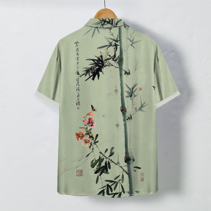 Buddha Stones Camisa transpirable de manga corta para hombre con botones y estampado de caligrafía de pájaros y flores de bambú en tinta - image 4