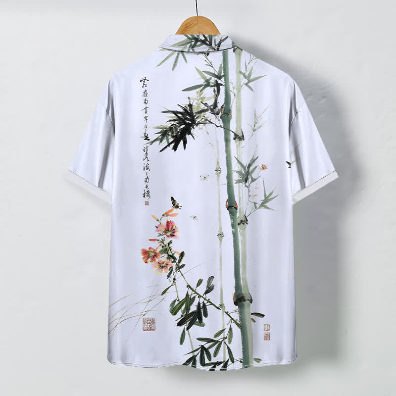 Buddha Stones Camisa transpirable de manga corta para hombre con botones y estampado de caligrafía de pájaros y flores de bambú en tinta - image 6