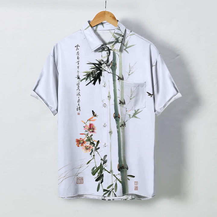 Buddha Stones Camisa transpirable de manga corta para hombre con botones y estampado de caligrafía de pájaros y flores de bambú en tinta - Azul cielo claro - US/UK/AU48, UE58 (4XL) - image 5