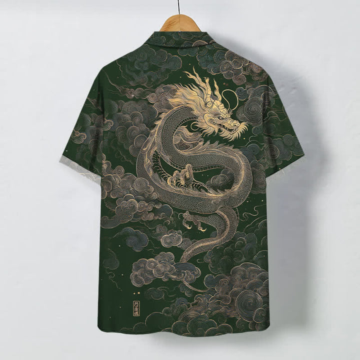 Buddha Stones Camisa de manga corta para hombre con botones y estampado de nube de dragón dorado, resistente a las arrugas. - image 6