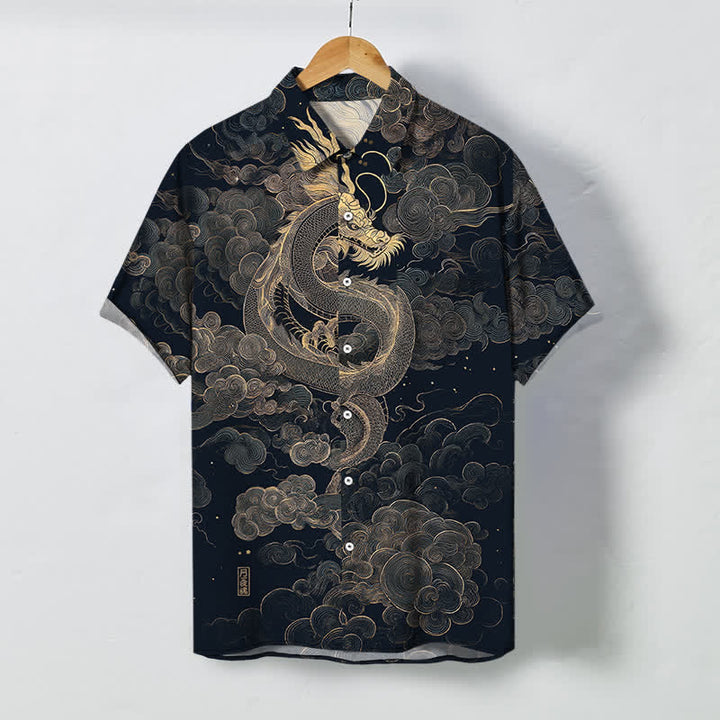 Buddha Stones Camisa de manga corta para hombre con botones y estampado de nube de dragón dorado, resistente a las arrugas. - Azul medianoche - US/UK/AU48, UE58 (4XL) - image 7