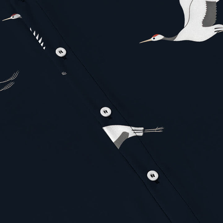 Buddha Stones Camisa transpirable de manga corta para hombre con botones estampados de ondas doradas y grullas - image 3
