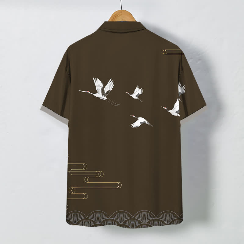 Buddha Stones Camisa transpirable de manga corta para hombre con botones estampados de ondas doradas y grullas - image 6