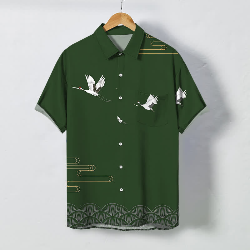 Buddha Stones Camisa transpirable de manga corta para hombre con botones estampados de ondas doradas y grullas - Verde oliva oscuro - US/UK/AU48, UE58 (4XL) - image 7