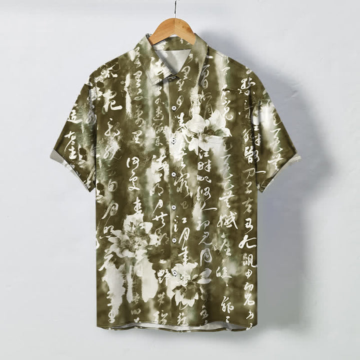 Buddha Stones Camisa transpirable de manga corta para hombre con botones y estampado floral caligráfico - Verde oliva - US/UK/AU48, UE58 (4XL) - image 5
