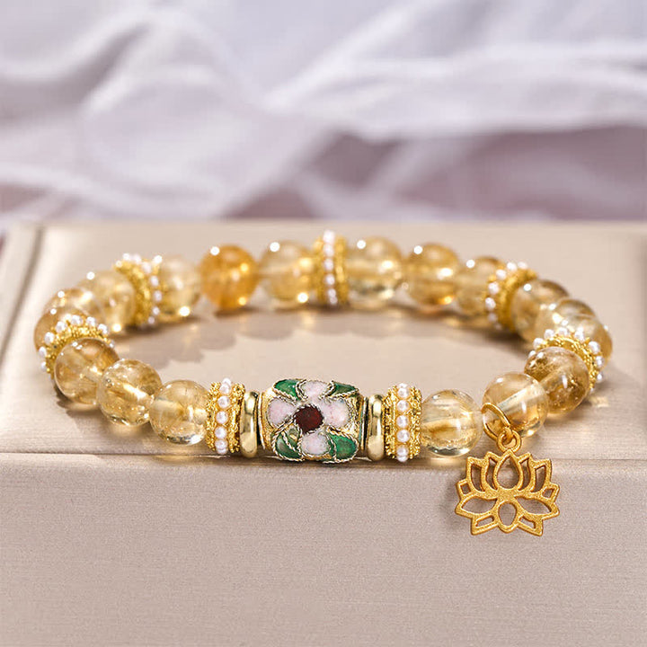 Buddha Stones Colgante de citrino y loto, pulsera de cuentas redondas pulidas a mano con esmalte y diseño de abundancia. - image 3
