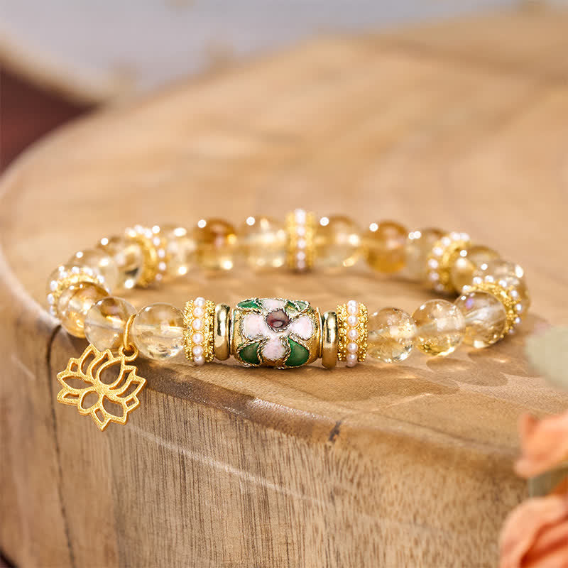 Buddha Stones Colgante de citrino y loto, pulsera de cuentas redondas pulidas a mano con esmalte y diseño de abundancia. - image 2