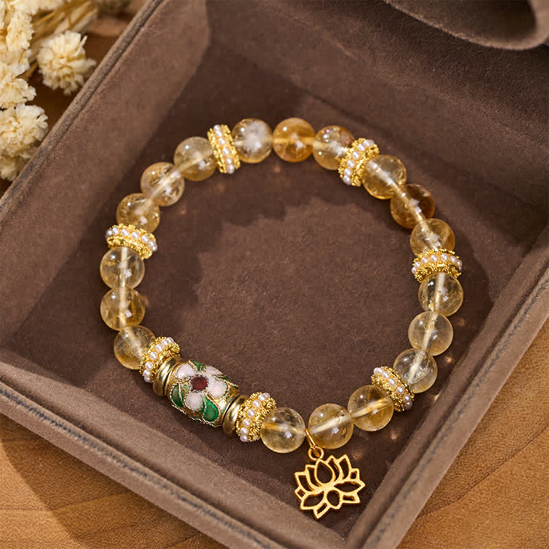 Buddha Stones Colgante de citrino y loto, pulsera de cuentas redondas pulidas a mano con esmalte y diseño de abundancia. - Citrino (circunferencia de la muñeca: 15–16 cm) - image 0