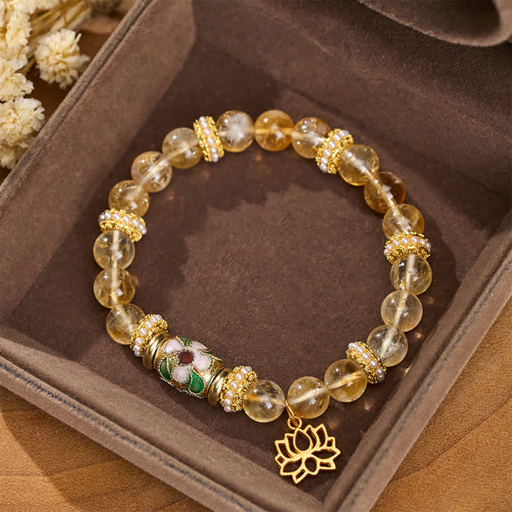 Buddha Stones Colgante de citrino y loto, pulsera de cuentas redondas pulidas a mano con esmalte y diseño de abundancia. - Citrino (circunferencia de la muñeca: 15–16 cm) - image 0