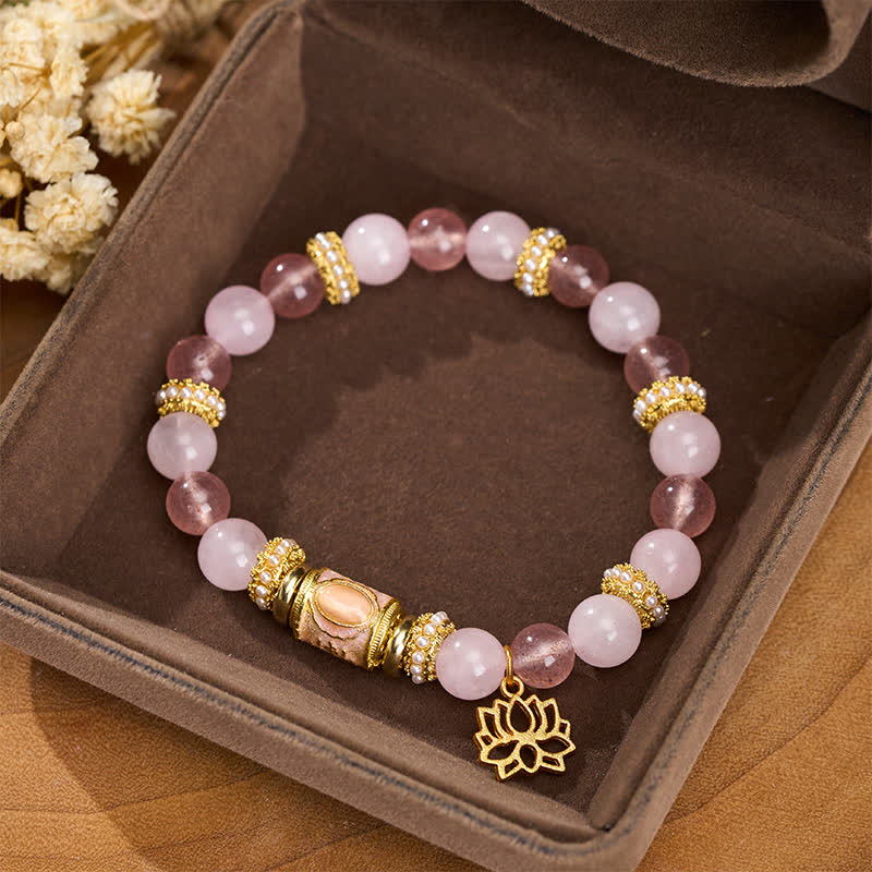 Buddha Stones Pulsera de cuentas redondas de cuarzo rosa y cuarzo fresa natural con esmalte. - image 1