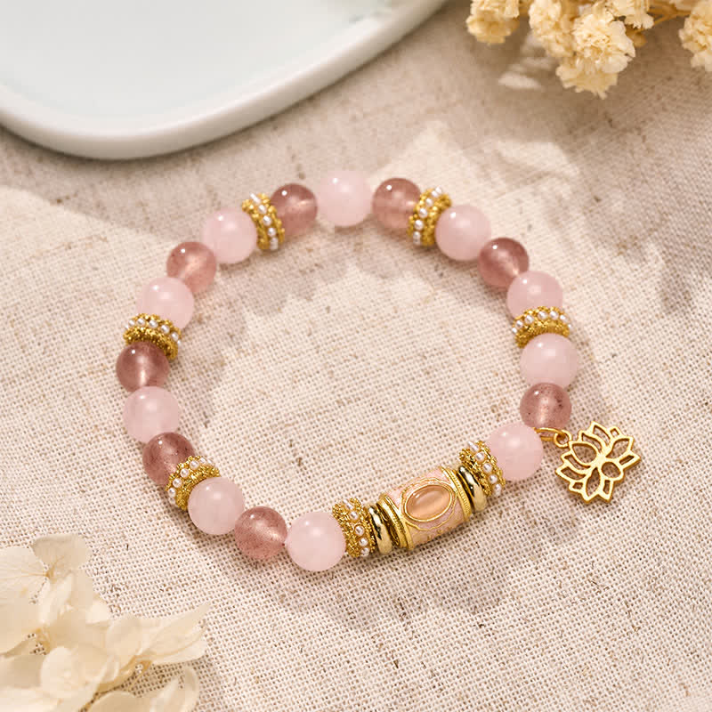 Buddha Stones Pulsera de cuentas redondas de cuarzo rosa y cuarzo fresa natural con esmalte. - Cuarzo fresa Cuarzo rosa (Circunferencia de la muñeca: 15–16 cm) - image 0
