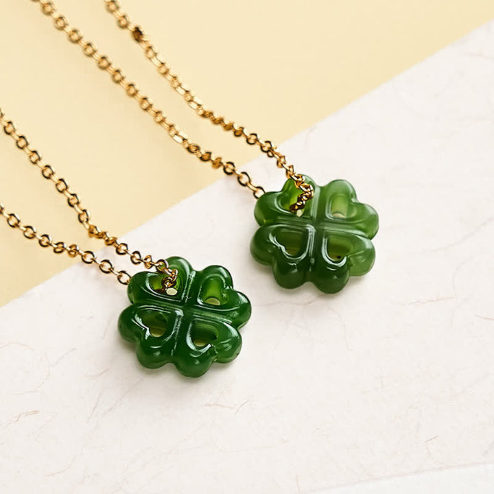 Buddha Stones Collar con colgante de trébol de cuatro hojas de jade tallado a mano, símbolo de buena suerte. - image 4