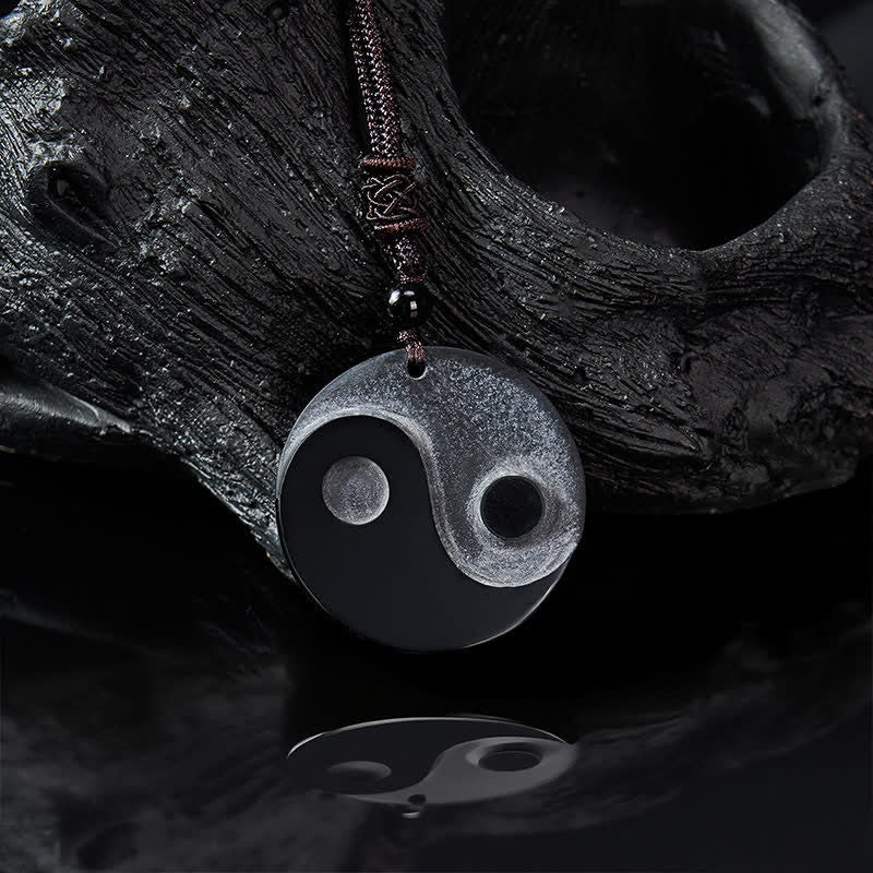 Buddha Stones Collar con colgante redondo de equilibrio Yin Yang de obsidiana negra - image 4