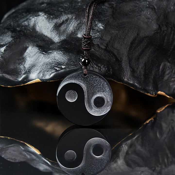Buddha Stones Collar con colgante redondo de equilibrio Yin Yang de obsidiana negra - image 3