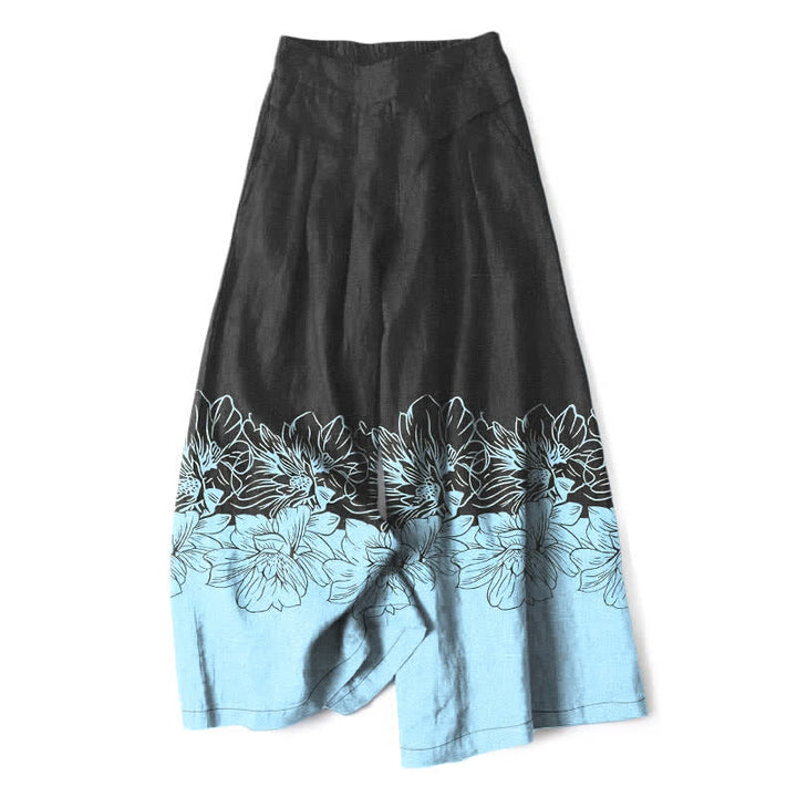 Buddha Stones Pantalones de mujer de lino y algodón con estampado floral vintage, cintura elástica, pernera ancha y bolsillos. - Negro - US16，UK/AU20，EU48 (3XL) - image 0