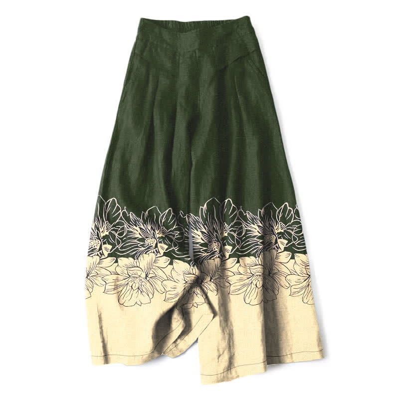 Buddha Stones Pantalones de mujer de lino y algodón con estampado floral vintage, cintura elástica, pernera ancha y bolsillos. - Verde oliva oscuro - US16，UK/AU20，EU48 (3XL) - image 4