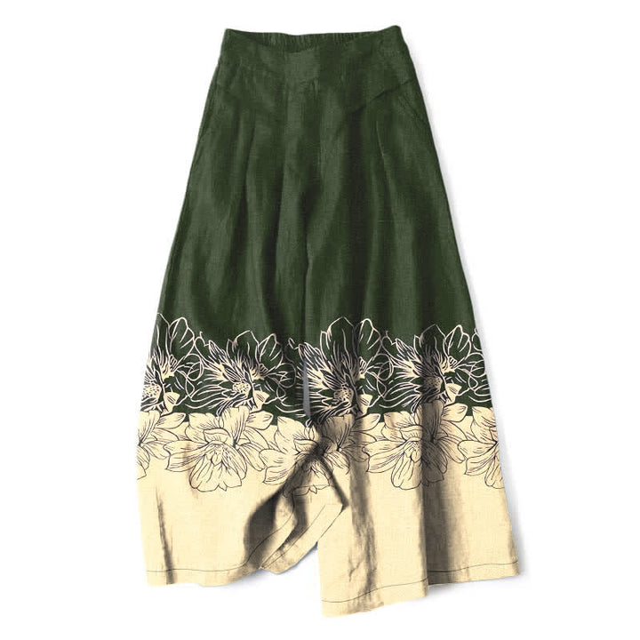 Buddha Stones Pantalones de mujer de lino y algodón con estampado floral vintage, cintura elástica, pernera ancha y bolsillos. - Verde oliva oscuro - US16，UK/AU20，EU48 (3XL) - image 4