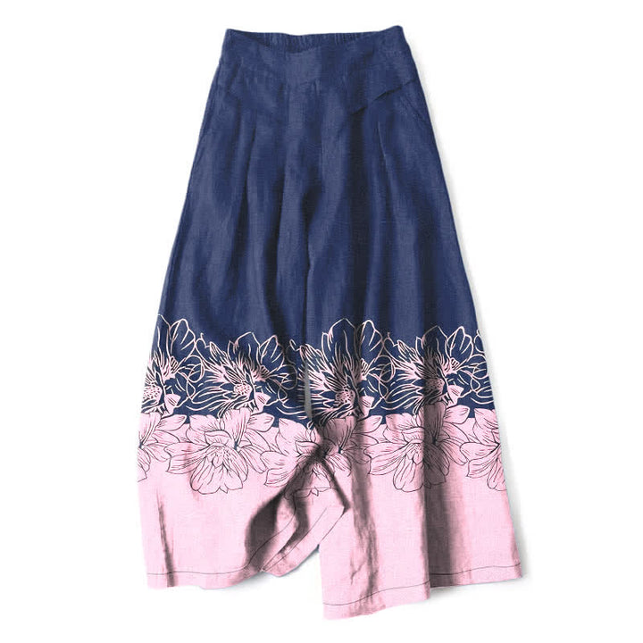 Buddha Stones Pantalones de mujer de lino y algodón con estampado floral vintage, cintura elástica, pernera ancha y bolsillos. - Marina de guerra - US16，UK/AU20，EU48 (3XL) - image 6